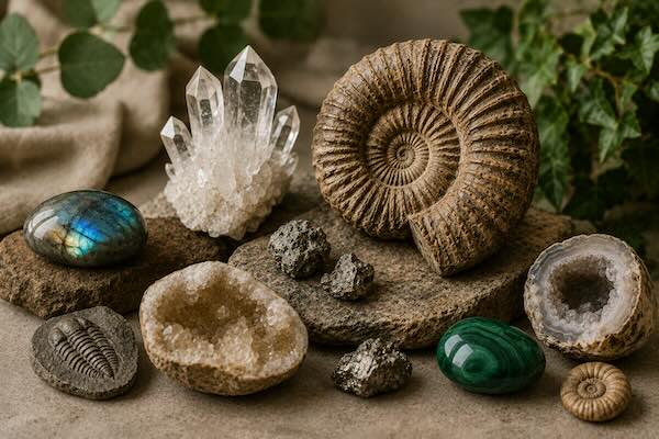 Ammonit, bjergkrystal, labradorit og mineraler arrangeret i et naturligt miljø med grønne planter.