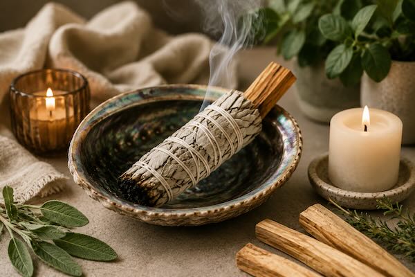 Palo Santo og hvid salvie i en abaloneskal omgivet af levende lys og grønne planter i et roligt, naturinspireret miljø.