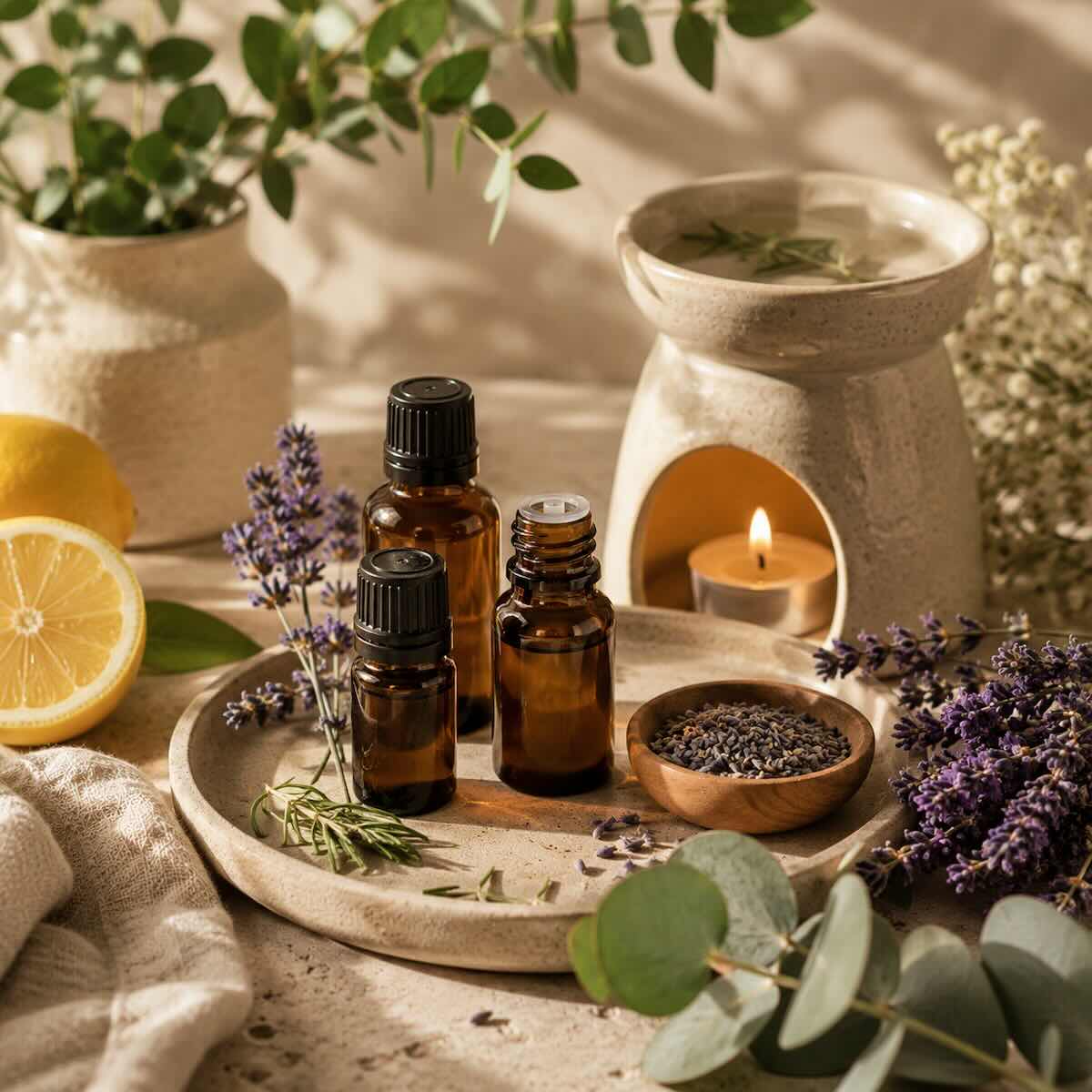 Æteriske olier i ravfarvede glasflasker omgivet af lavendel, citron, eucalyptus og en tændt aromalampe.
