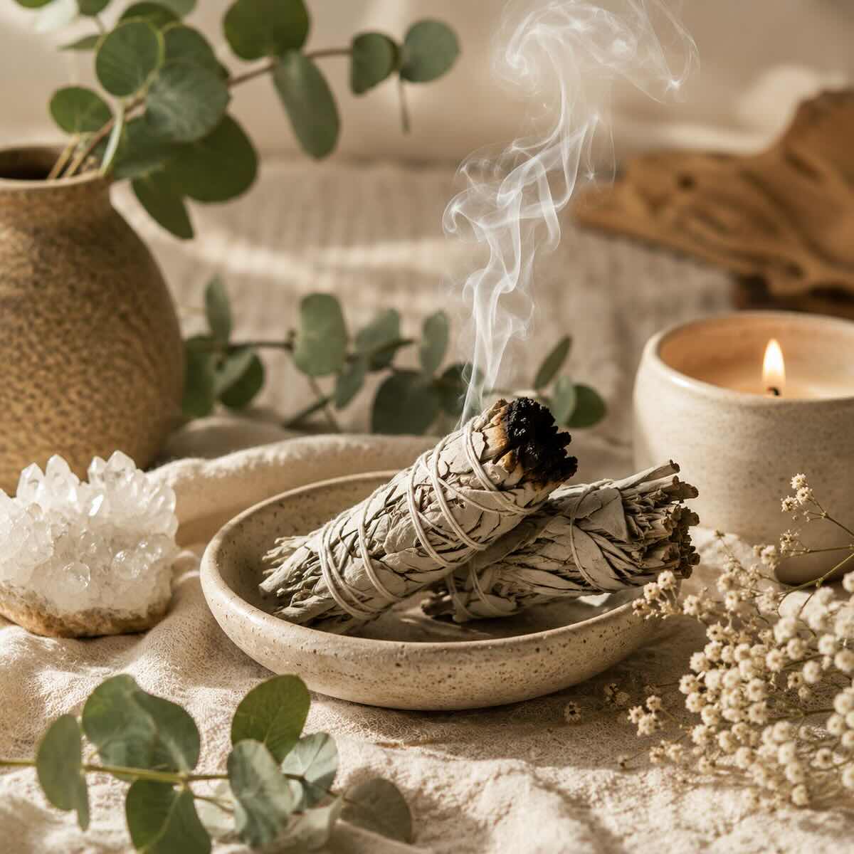 Brændende hvid salvie i en keramisk skål omgivet af krystaller, levende lys og naturlige materialer.