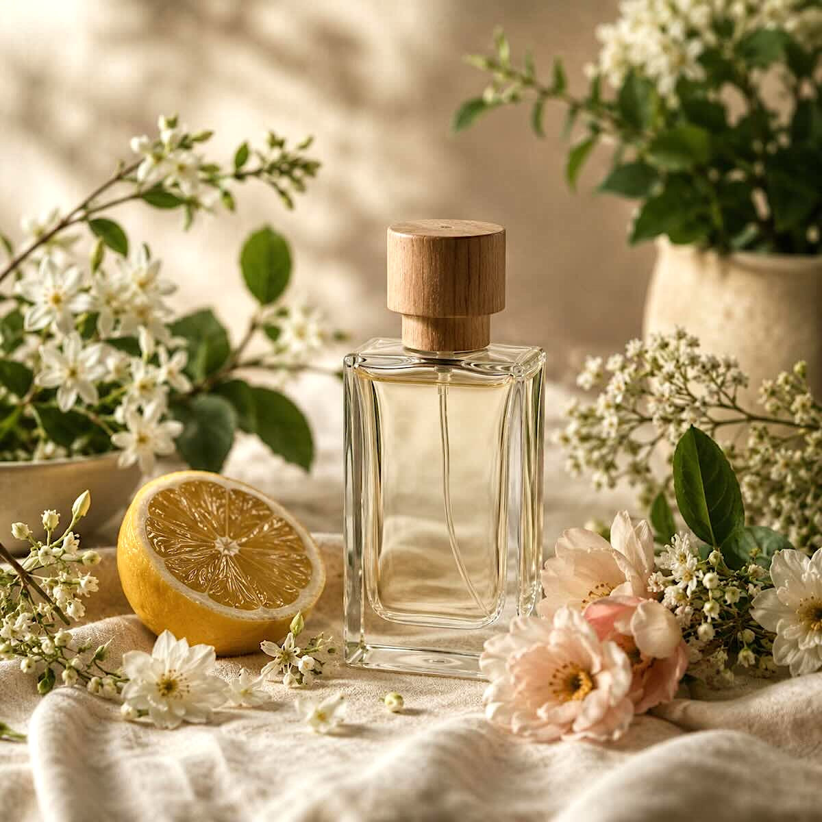 Naturlig parfume omgivet af blomster, citrus og botaniske ingredienser i rolige naturfarver.