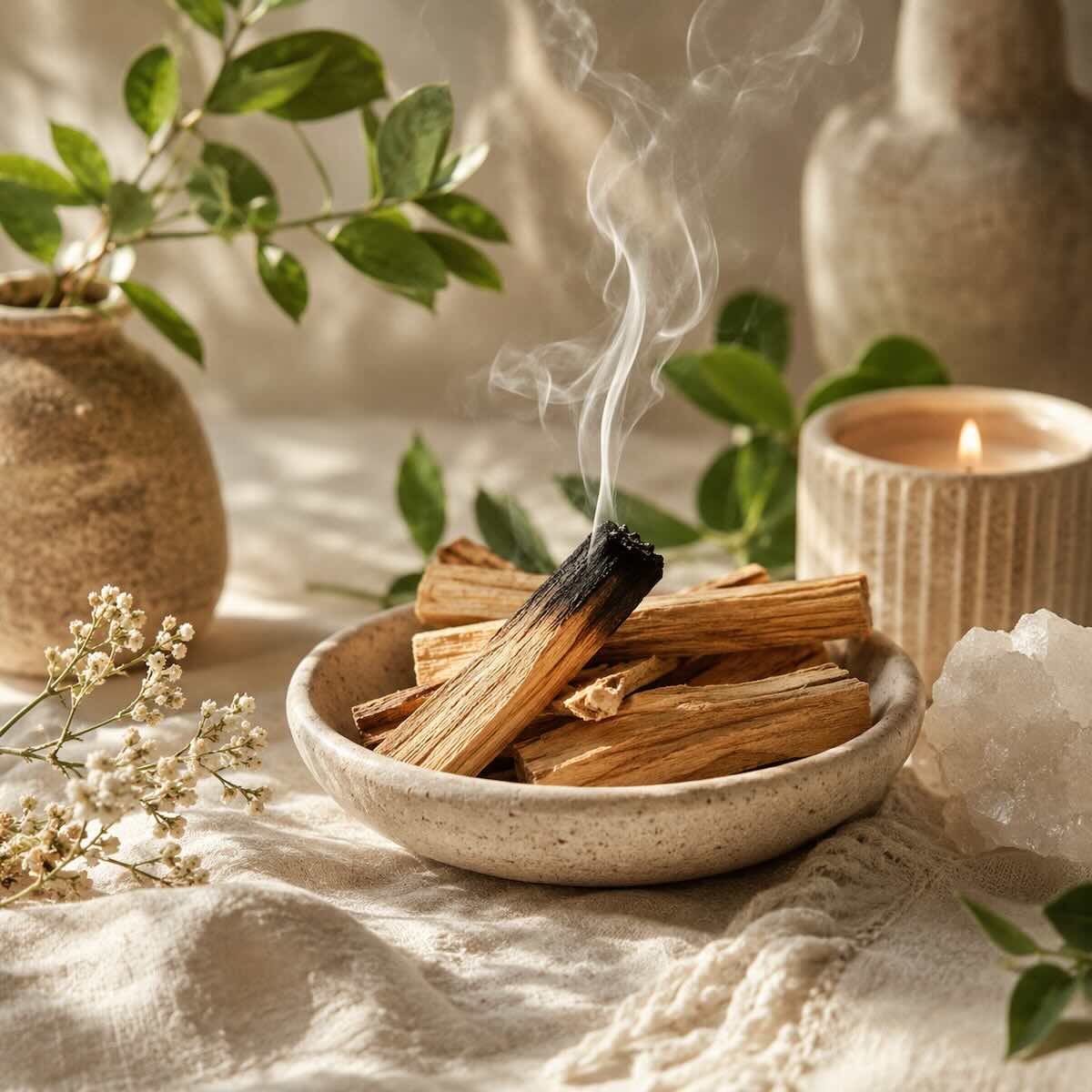 Brændende Palo Santo i en keramisk skål omgivet af levende lys, grønne planter og naturlige materialer.