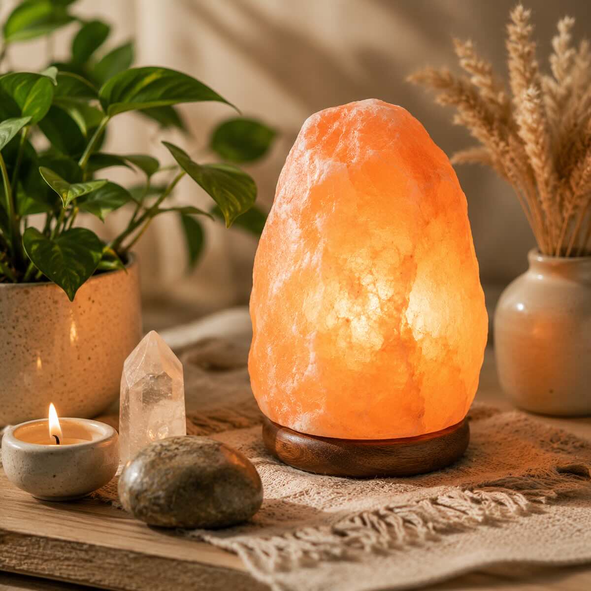 Tændt Himalaya saltlampe i et roligt miljø med naturmaterialer og varmt stemningslys